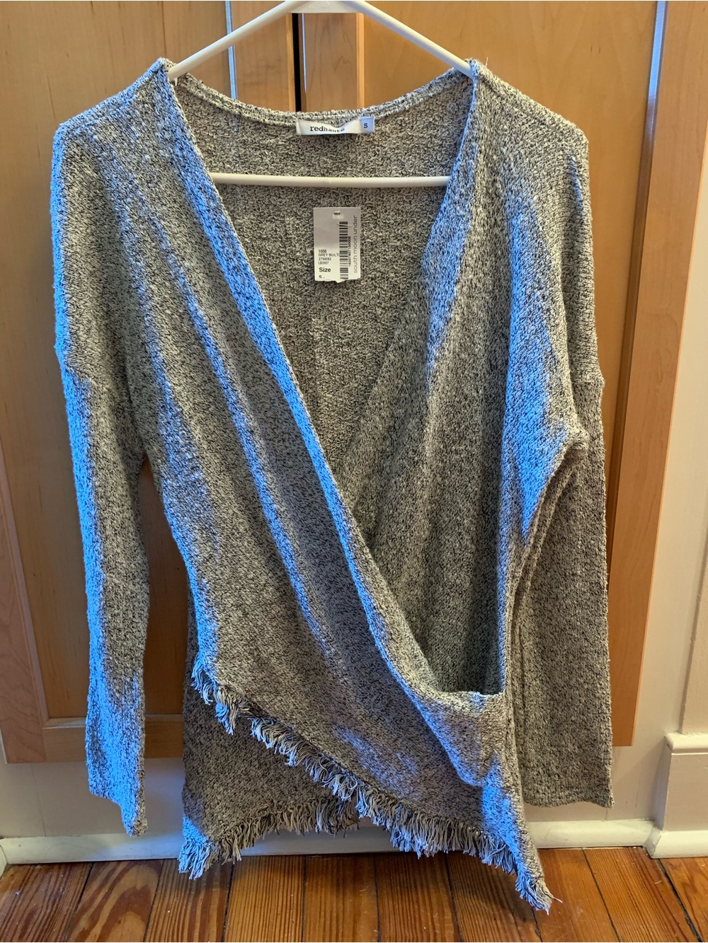 Red Haute Light Heather Gray Fringe Wrap V-Neck Sweater